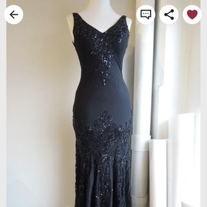 Vintage classic black silk chiffon beaded evening gown